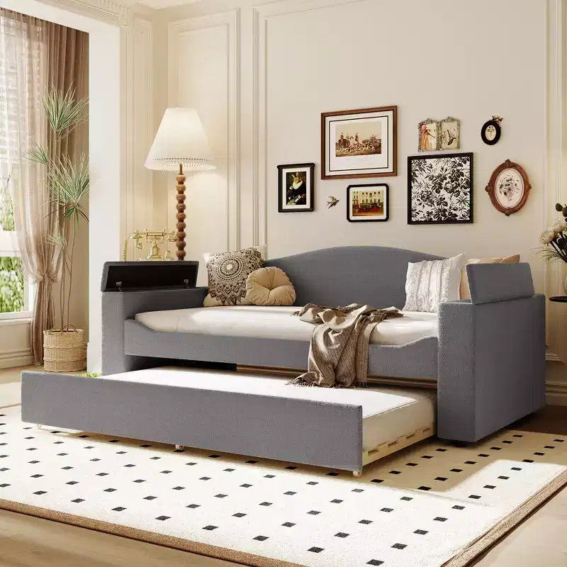 Divano Letto Imbottito con Letto Estraibile, Braccioli Contenitore e Audio Bluetooth