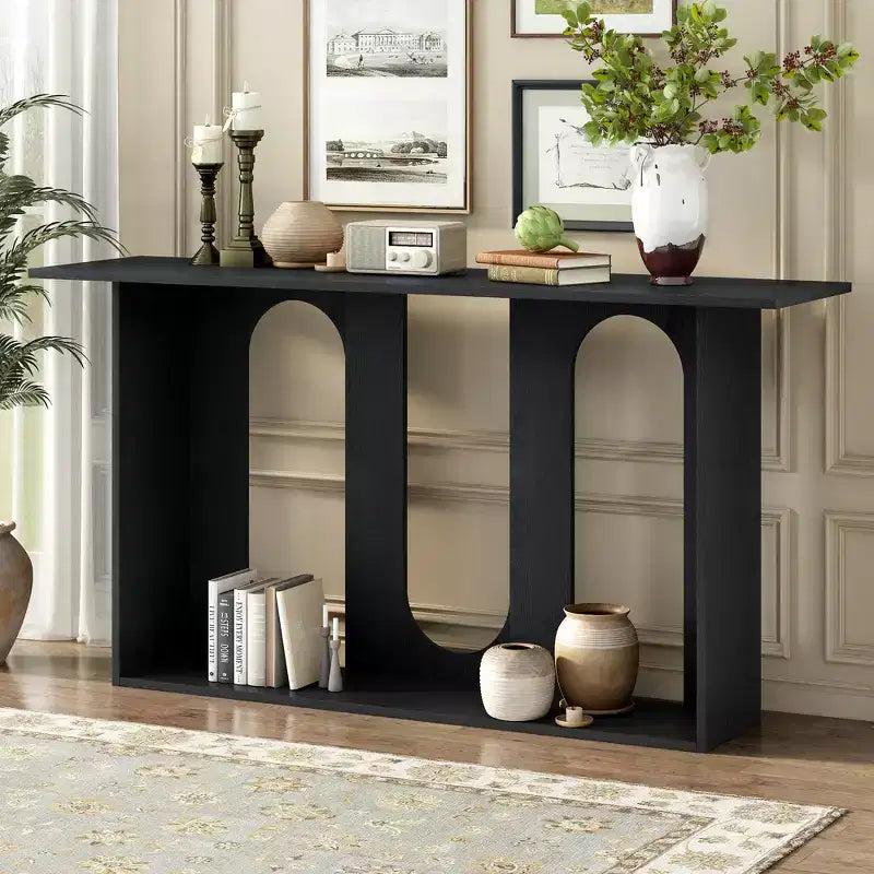 Wood Curved Console Table with Shelf, Modern Entryway Table with Ash Veneer Designed for Entryway and Hallway