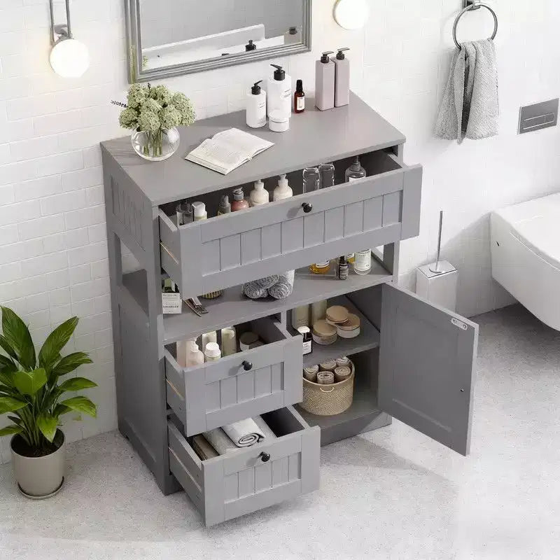 Hyleory Modern Bathroom Storage Cabinet with Drawer, Open Shelf & Adjustable Door Compartment