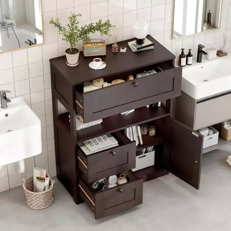 Mobile Bagno Moderno con Cassetti, Ripiani a Giorno e Scomparto Regolabile con Anta