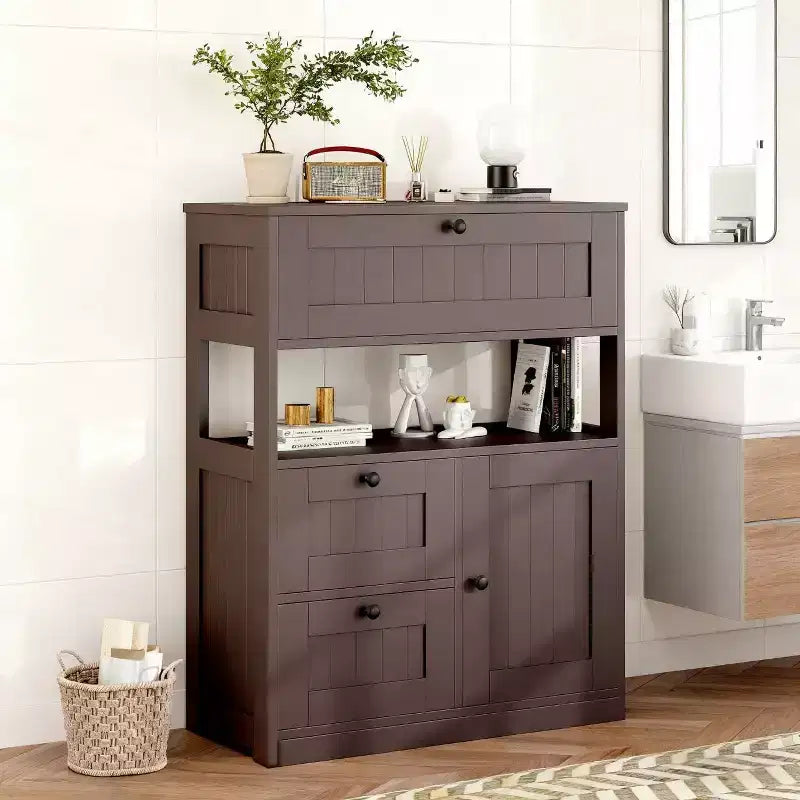 Mobile Bagno Moderno con Cassetti, Ripiani a Giorno e Scomparto Regolabile con Anta
