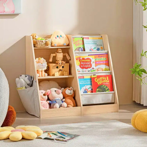 MAYEERTY 3 Tier Kids Wooden Bookshelf Extra Pocket Toy Storage for Kids Room