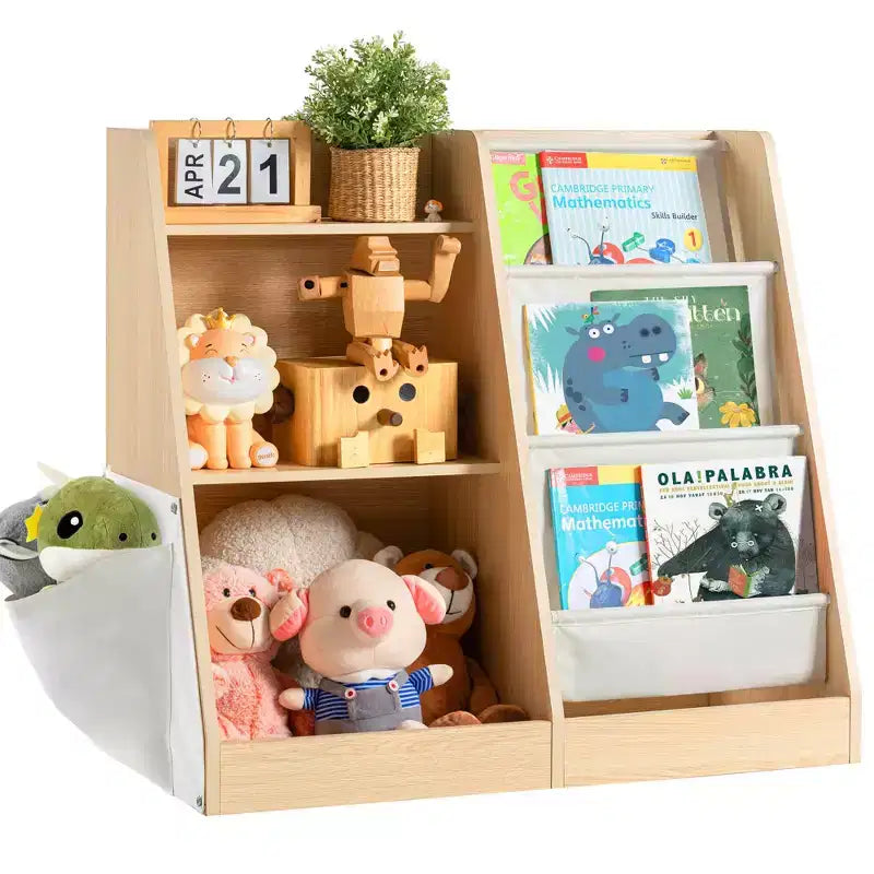 Libreria in legno per bambini a 3 ripiani con tasche portaoggetti