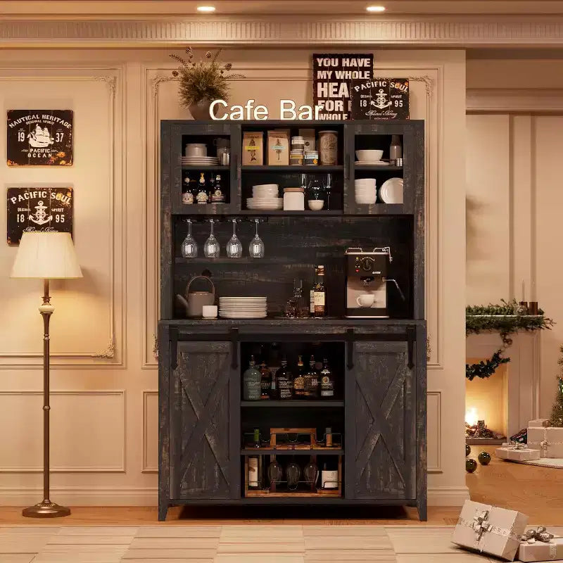 Mobile Bar con Ante Scorrevoli Stile Fienile, Portabottiglie e Vetrina Contenitore
