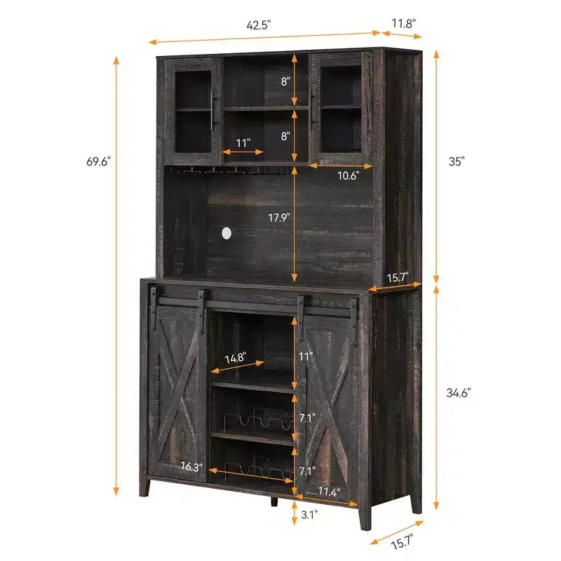 Mobile Bar con Ante Scorrevoli Stile Fienile, Portabottiglie e Vetrina Contenitore