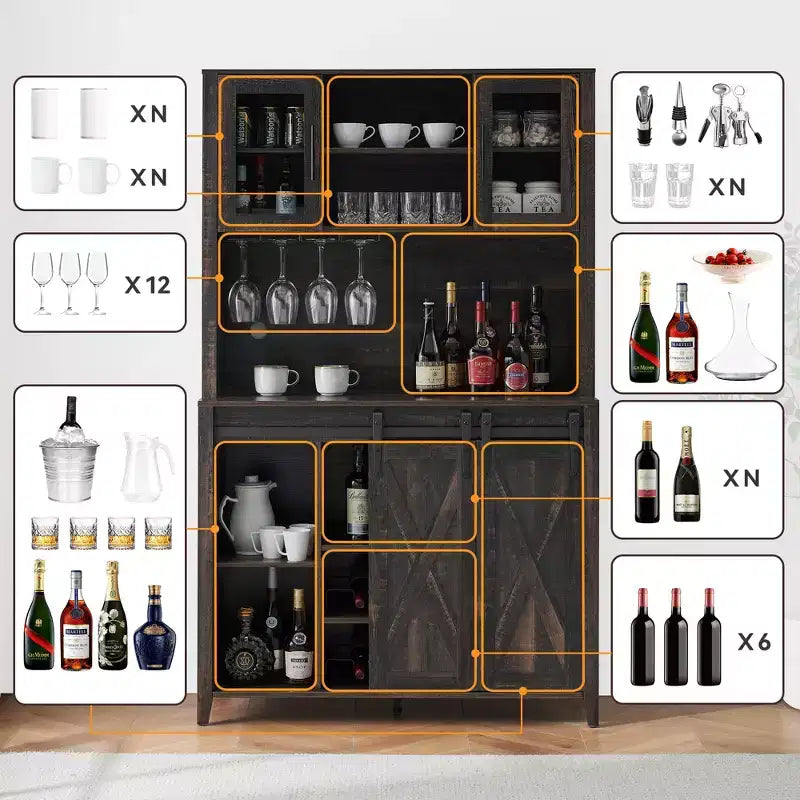 Mobile Bar con Ante Scorrevoli Stile Fienile, Portabottiglie e Vetrina Contenitore