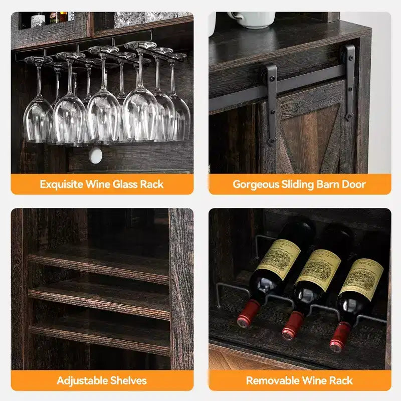Mobile Bar con Ante Scorrevoli Stile Fienile, Portabottiglie e Vetrina Contenitore