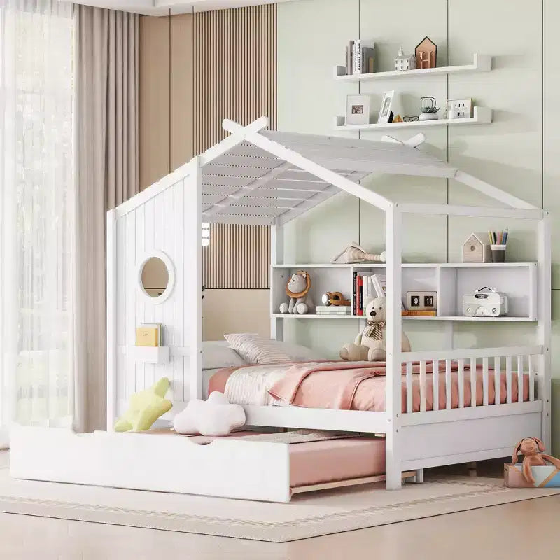 Bellemave Full Size Wooden House Bed with Trundle & Storage Shelves, Kids Playhouse Bed Frame, Solid Pine Wood, White