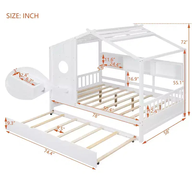 Letto a capanna in legno a grandezza naturale con letto estraibile e scaffali contenitori