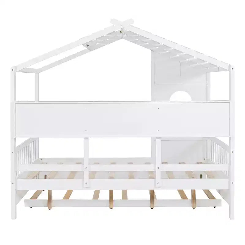 Letto a capanna in legno a grandezza naturale con letto estraibile e scaffali contenitori