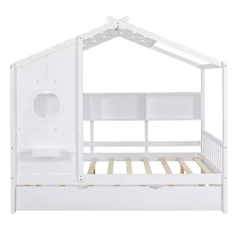 Letto a capanna in legno a grandezza naturale con letto estraibile e scaffali contenitori