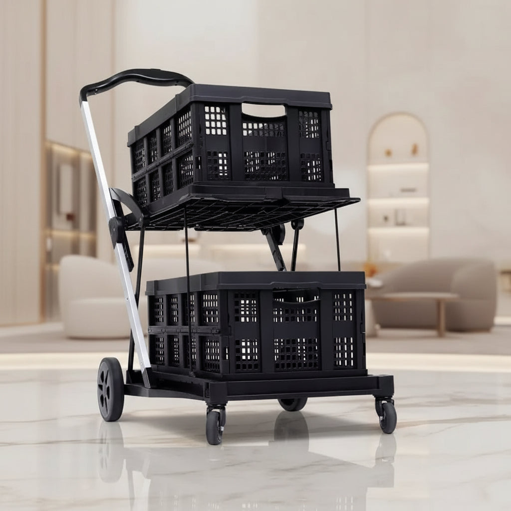 Two Layers Folding Shopping Carts,Multi Use Collapsible Carts with 360 Rolling Swivel Wheels Shopping Cart with Storage Crate for Groceries, Warehouse
