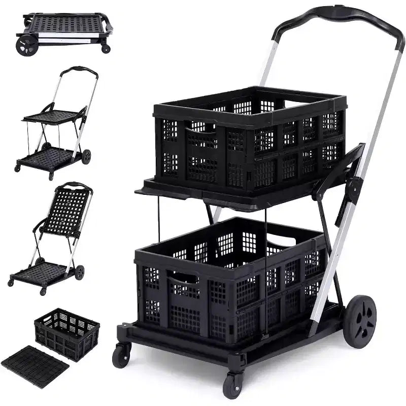 Carrello della spesa pieghevole a due piani con ruote piroettanti a 360°