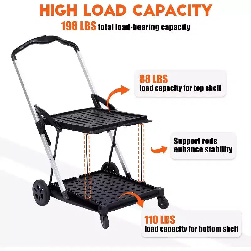 Carrello della spesa pieghevole a due piani con ruote piroettanti a 360°