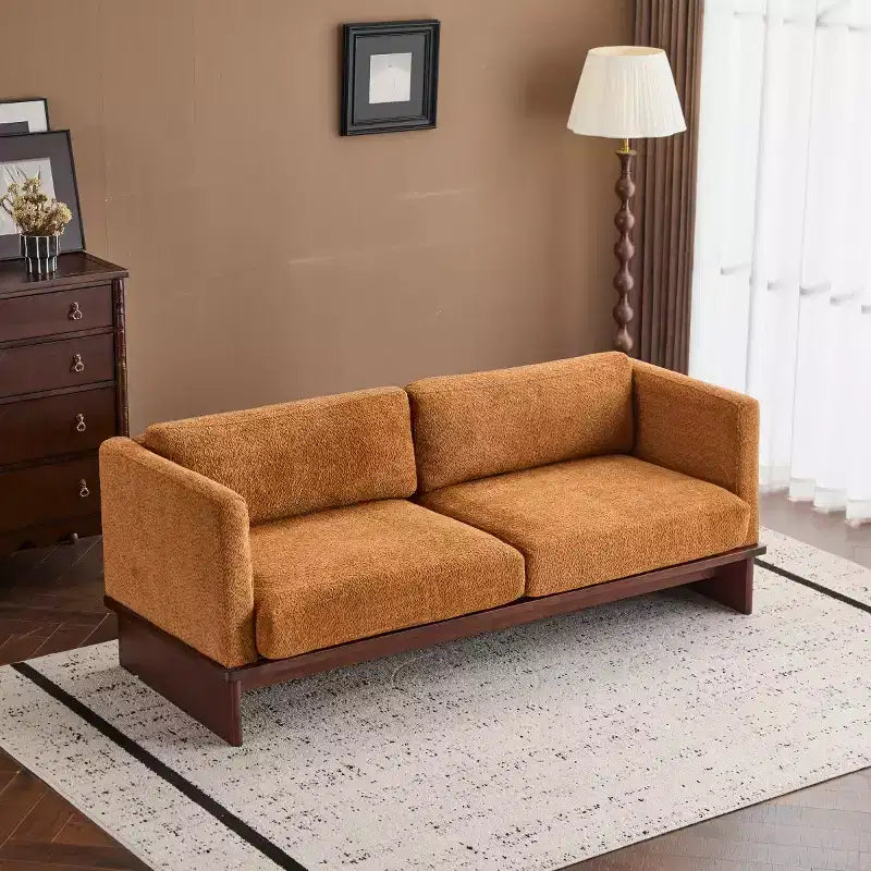 Divanetto Bouclé con Braccioli Quadrati Moderno da 77 Pollici con Base in Legno Massello