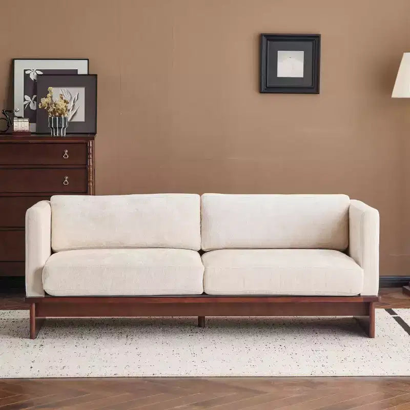 Divanetto Bouclé con Braccioli Quadrati Moderno da 77 Pollici con Base in Legno Massello