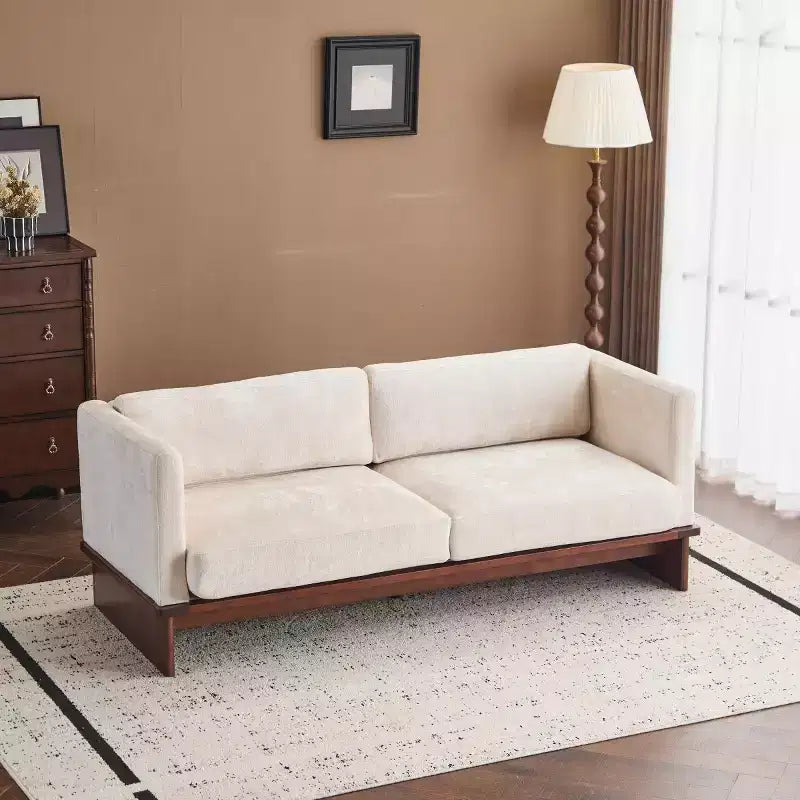 Divanetto Bouclé con Braccioli Quadrati Moderno da 77 Pollici con Base in Legno Massello
