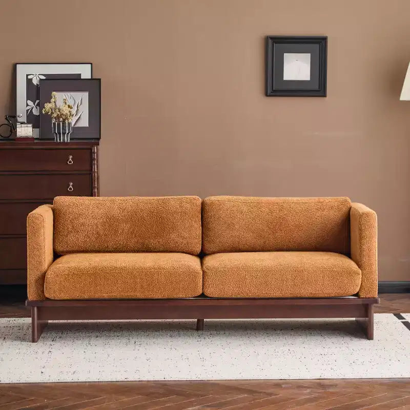 Divanetto Bouclé con Braccioli Quadrati Moderno da 77 Pollici con Base in Legno Massello