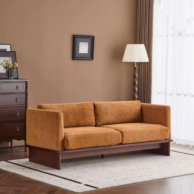 Divanetto Bouclé con Braccioli Quadrati Moderno da 77 Pollici con Base in Legno Massello