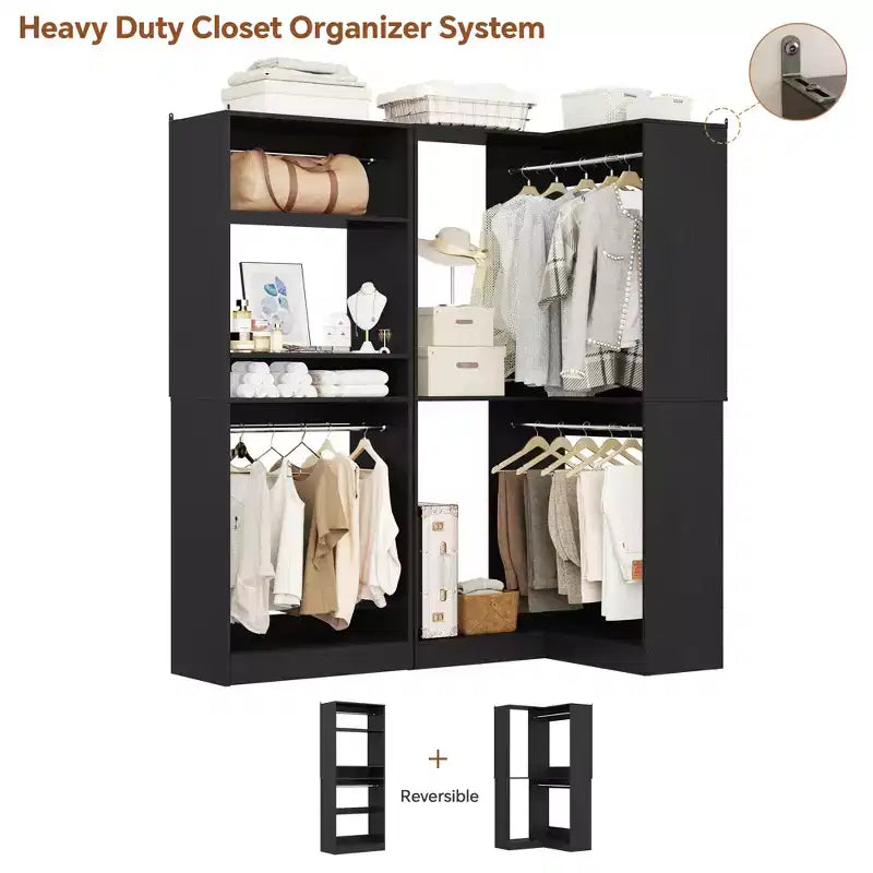 Sistema organizer per cabina armadio con unità angolare, 7 ripiani e 4 bastoni appendiabiti