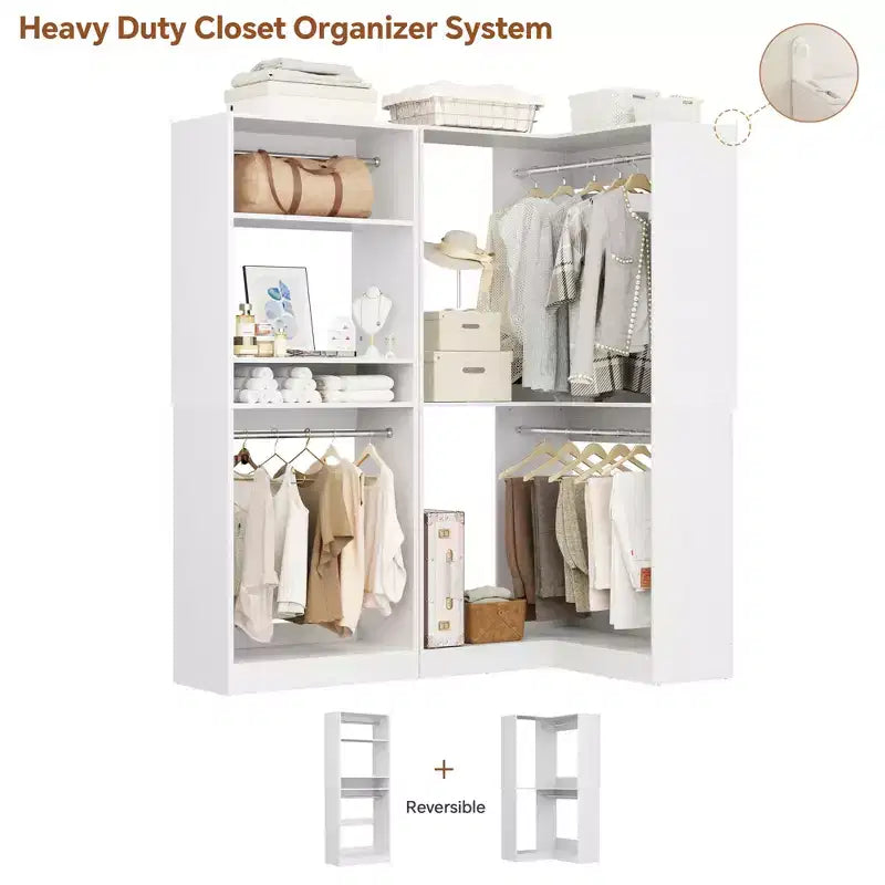 Sistema organizer per cabina armadio con unità angolare, 7 ripiani e 4 bastoni appendiabiti