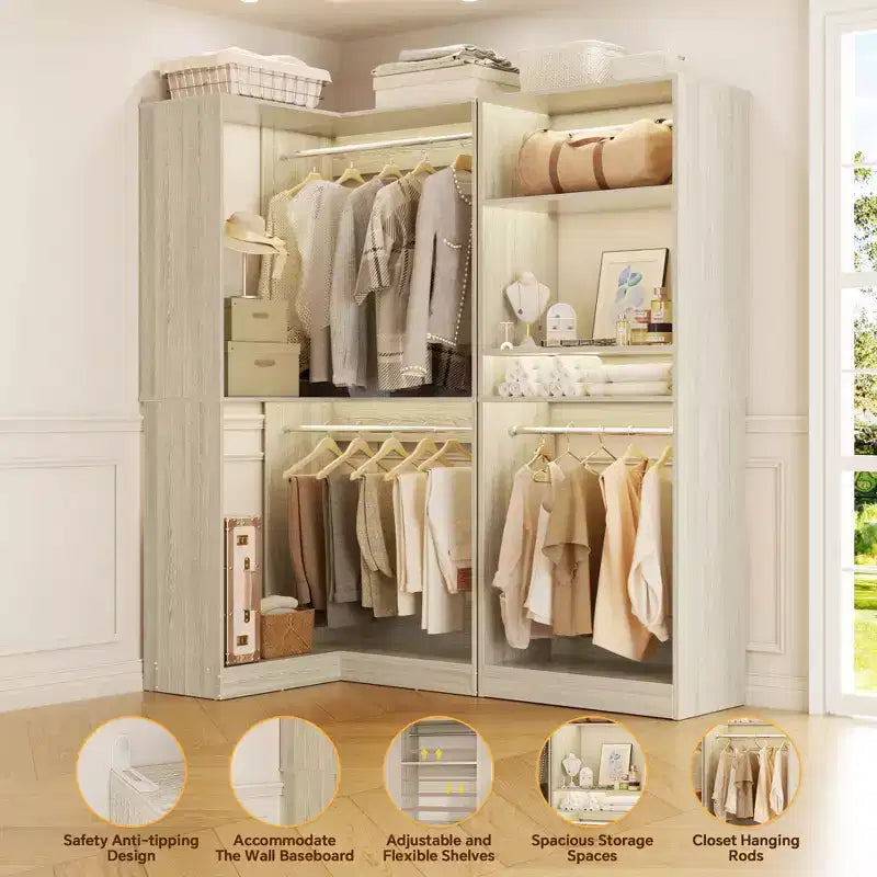 Sistema organizer per cabina armadio con unità angolare, 7 ripiani e 4 bastoni appendiabiti
