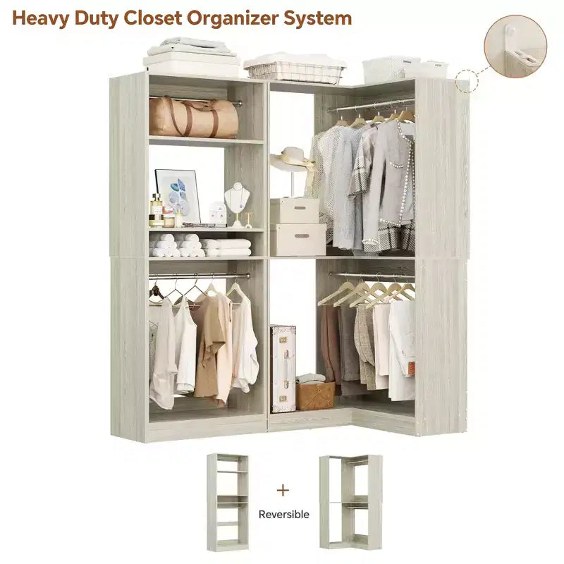 Sistema organizer per cabina armadio con unità angolare, 7 ripiani e 4 bastoni appendiabiti