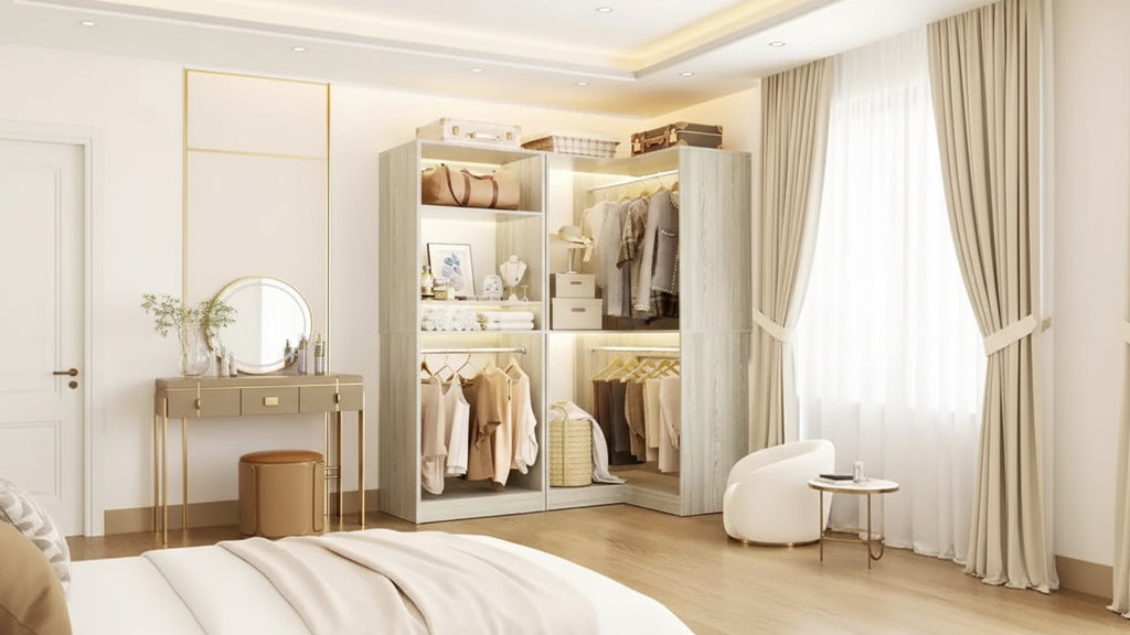Besiost Walk-In Closet Organizers with 7 Shelves, Freestanding Corner Closet Sysrtem with Storage and 4 Rods