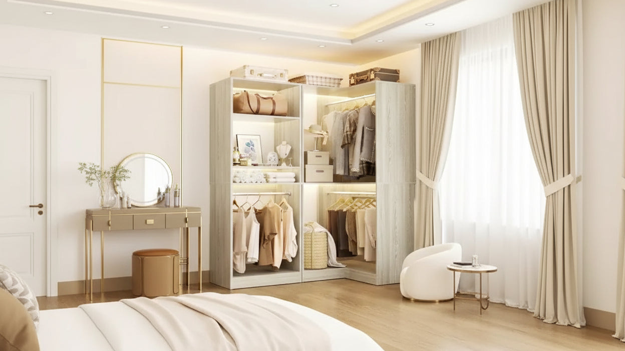 Besiost Walk-In Closet Organizers with 7 Shelves, Freestanding Corner Closet Sysrtem with Storage and 4 Rods