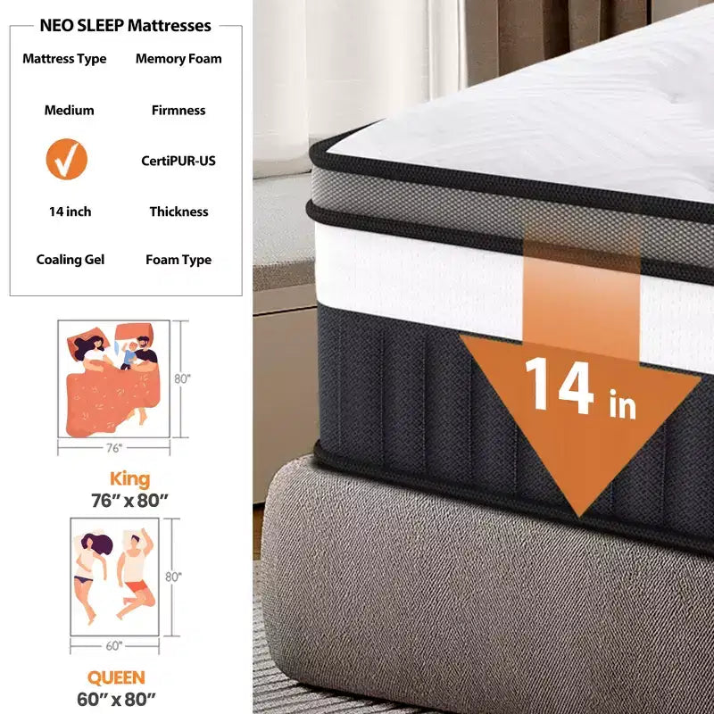 Materasso King Size 14 Pollici – Memory Gel e Molle Insacchettate, Media Fermezza