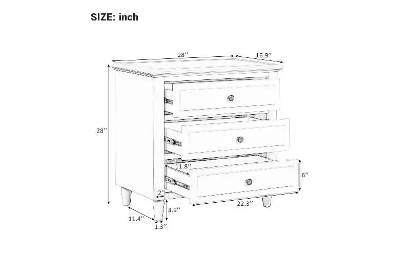 Comodino moderno a 3 cassetti con contenitore