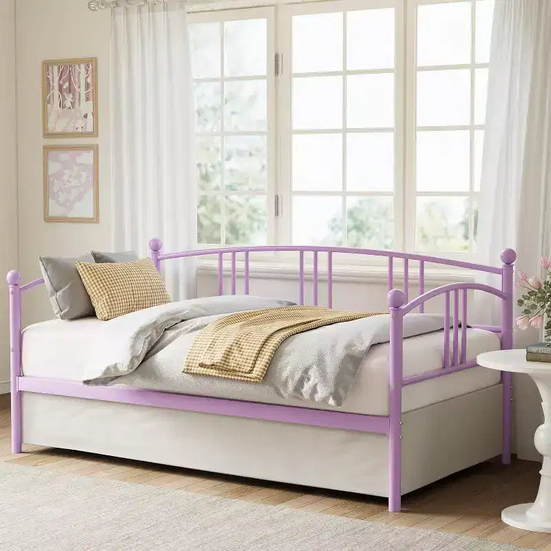Daybed withou Trundle,Twin Metal Bed Frame, Pull-Out Trundle with Six Wheels, Steel Slatted Support, No Box Spring, Space Saving for Living Room