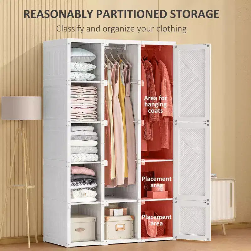 Guardaroba Portatile con 8 Scomparti a Cubo, 2 Aste Appendiabiti e 11 Ante Magnetiche