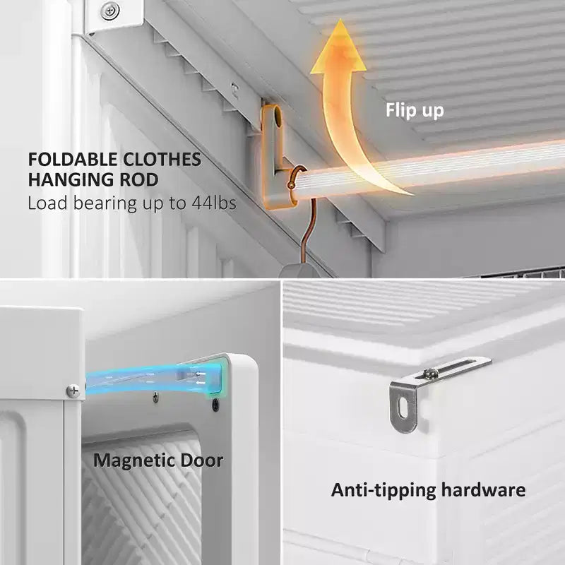 Guardaroba Portatile con 8 Scomparti a Cubo, 2 Aste Appendiabiti e 11 Ante Magnetiche