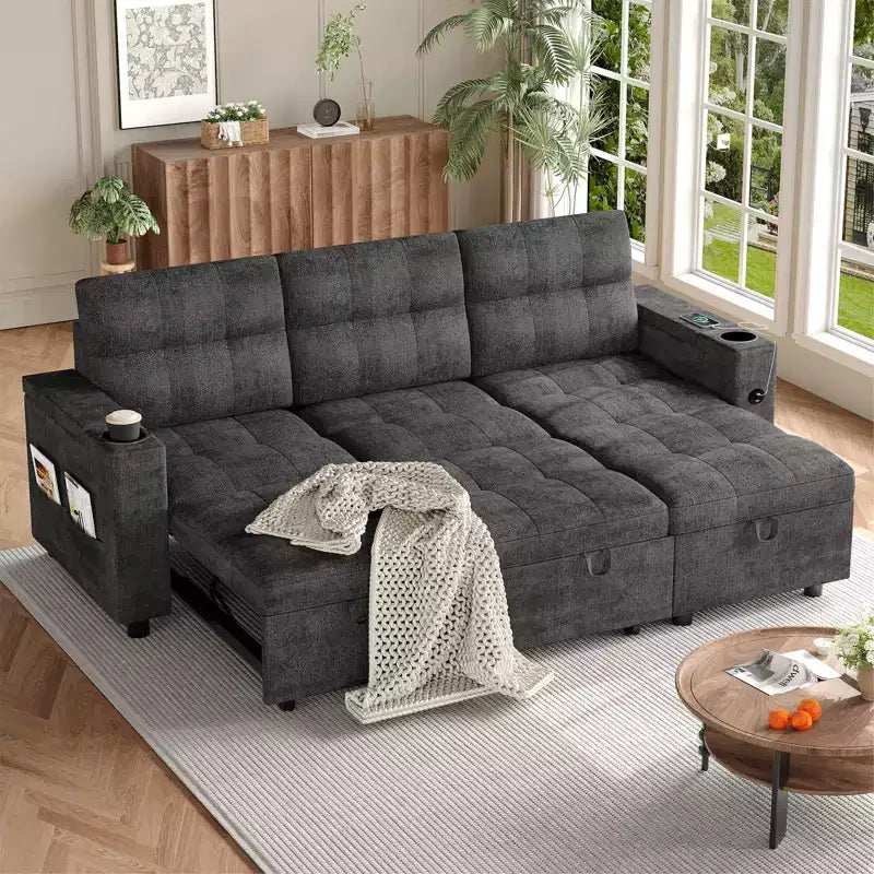 84 Sectional Sleeper Sofa with Storage Chaise & USB, Convertible L-Shaped Corduroy Couch for Living Room or Apartment, Dark Grey