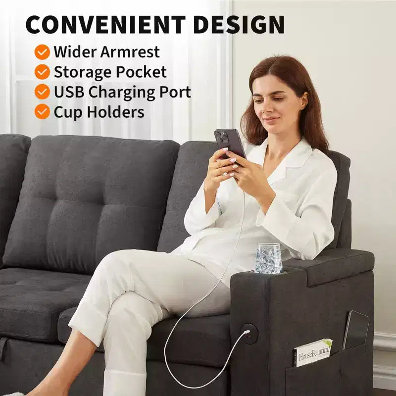 Divano letto componibile a L con penisola contenitore e ricarica USB – Grigio scuro in velluto a coste