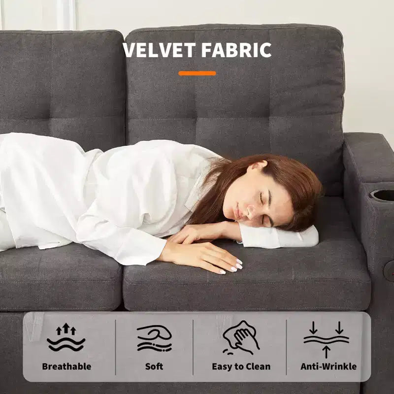 Divano letto componibile a L con penisola contenitore e ricarica USB – Grigio scuro in velluto a coste