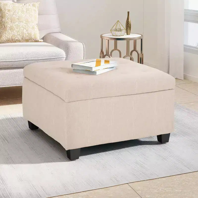 Pouff contenitore quadrato con gambe in betulla e cerniere ammortizzate