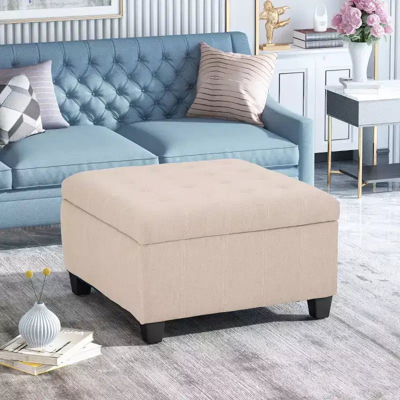 Okak Square Storage Ottoman with Birch Legs and Soft-Closing Pressure Hinges, Entryway Bench with Refined Cushion, Bed Bench