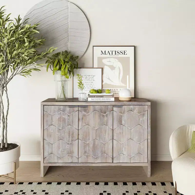 TUYOHW Wooden Accent Cabinet,Hexagonal Pattern Sideboard with Adjustable Shelves,Storage Buffet Server for Living Room,Entryway,Kitchen,Dining Room