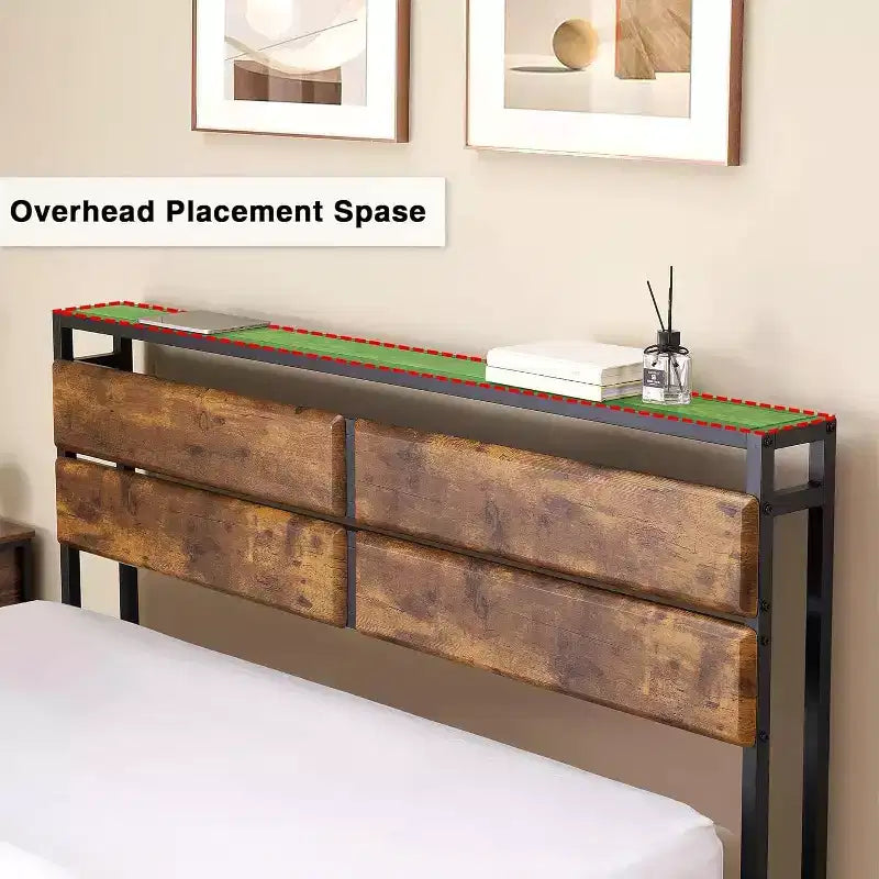 Struttura letto a piattaforma in metallo full size con testiera in legno
