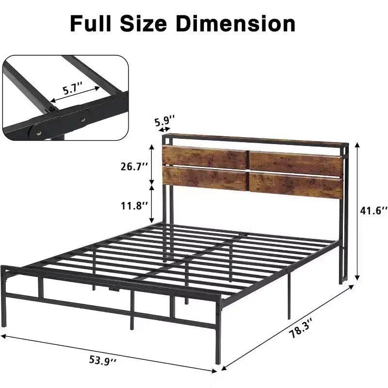 Struttura letto a piattaforma in metallo full size con testiera in legno
