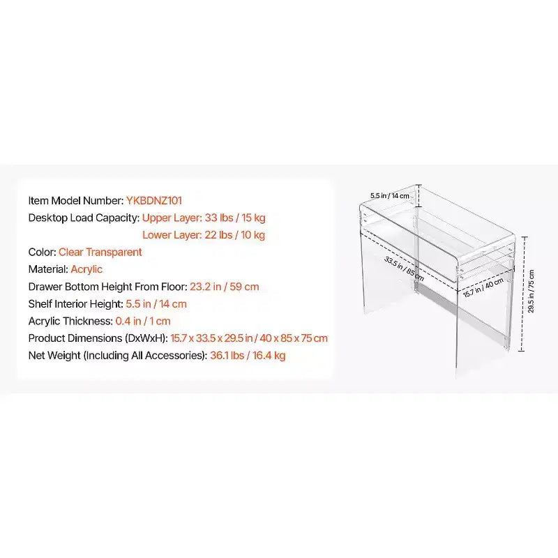 Tavolino a 2 ripiani in acrilico trasparente con mensola portaoggetti, 40 x 85 x 75 cm