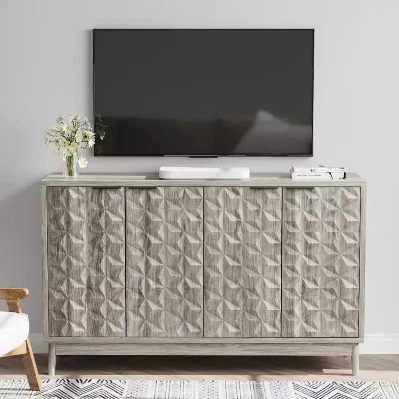 TUYOHW Gray Buffet Cabinet,Storage Sideboard with 4 Diamond Relief Doors,Adjustable Shelves,Cabinet for Living Room,Dining Room,Kitchen,Entryway