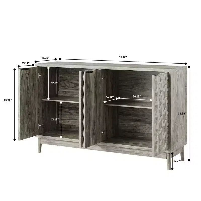Credenza grigia con ante a rilievo a diamante e ripiani regolabili