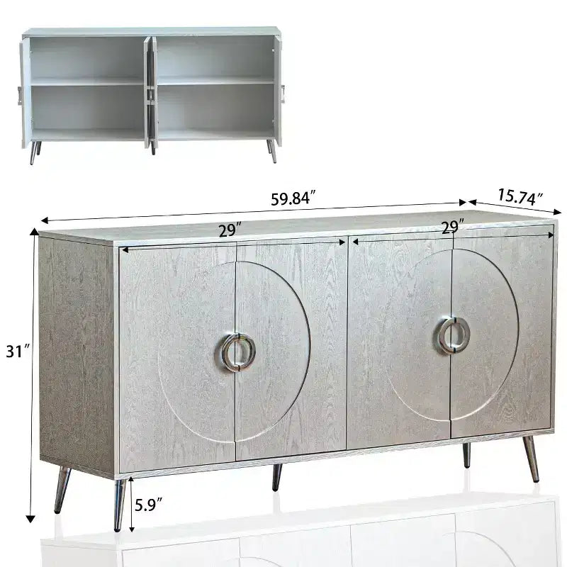 Credenza a 4 ante in legno con ripiani regolabili e pomelli dorati