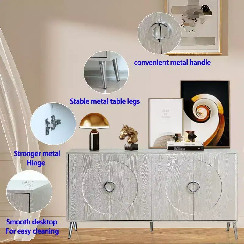 Credenza a 4 ante in legno con ripiani regolabili e pomelli dorati