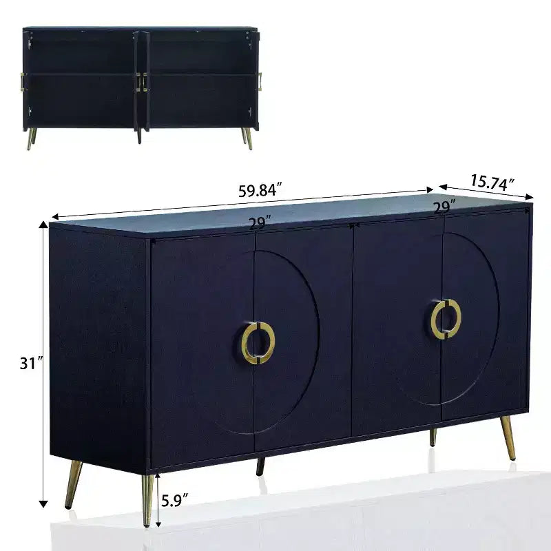 Credenza a 4 ante in legno con ripiani regolabili e pomelli dorati