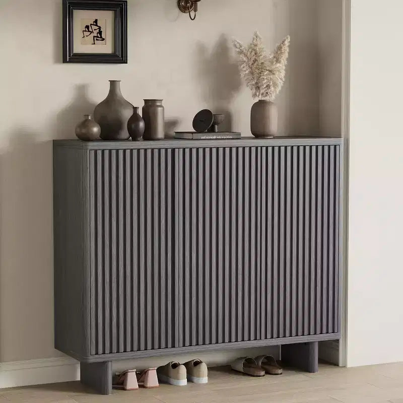 46 Inch Shoe Cabinet with Fluted Door, 5-Tier Storage with 4 Adjustable Shelves, Rustic Entryway Shoe Bench for Hallway, Living room