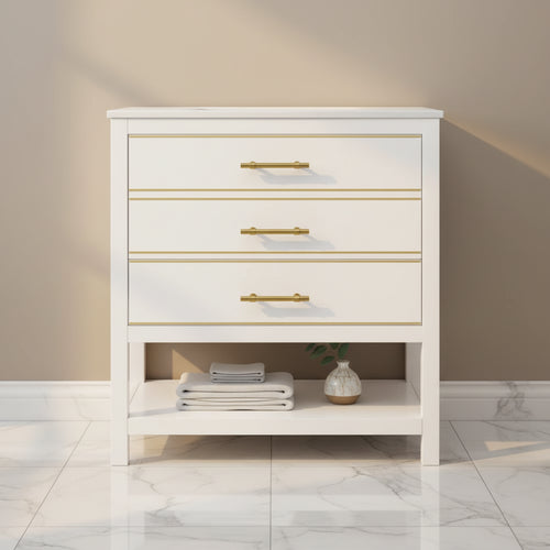 30 Solid Wood + MDF Bathroom Vanity Cabinet (White) with Open Storage & Drawers | Bathroom Furniture